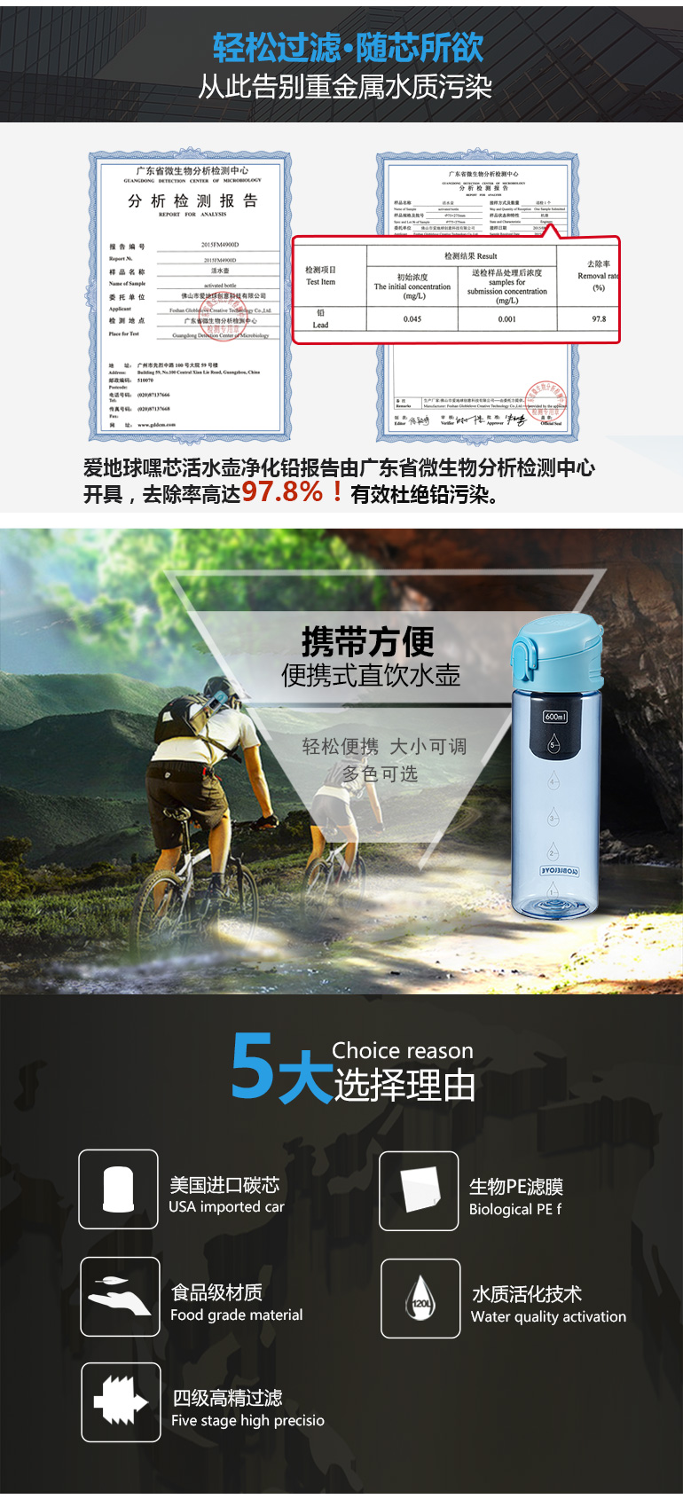 愛(ài)地球嘿寶活性炭過(guò)濾凈水杯學(xué)生運(yùn)動(dòng)水壺直飲弱堿性水小口便攜