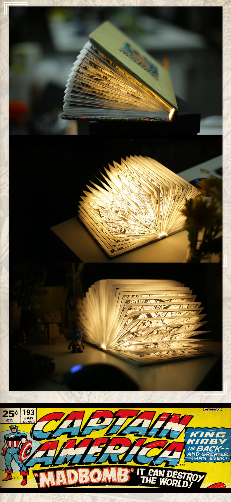 漫威正版復古漫畫書燈折疊翻頁無線書燈LED創意充電式書本燈禮物 上海禮物