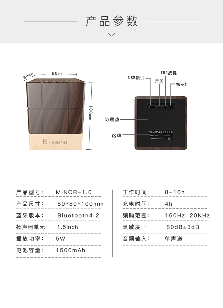 新5D Minor巧克力手機無線藍牙木質桌面音箱胡桃木對箱精致禮品