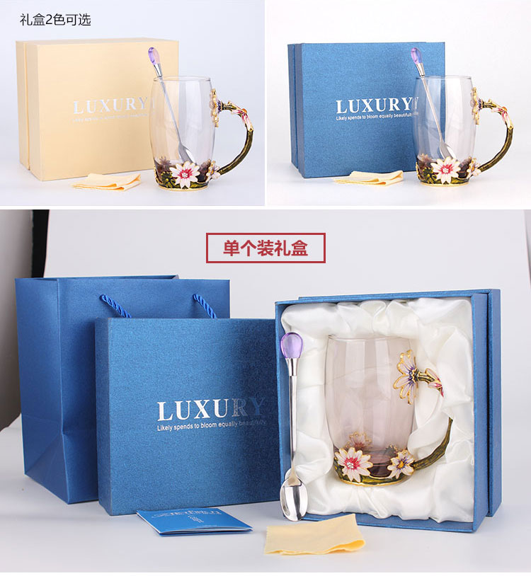 創(chuàng)意琺瑯彩玻璃水杯、情侶茶杯、花茶杯情人節(jié)禮物（對(duì)杯）
