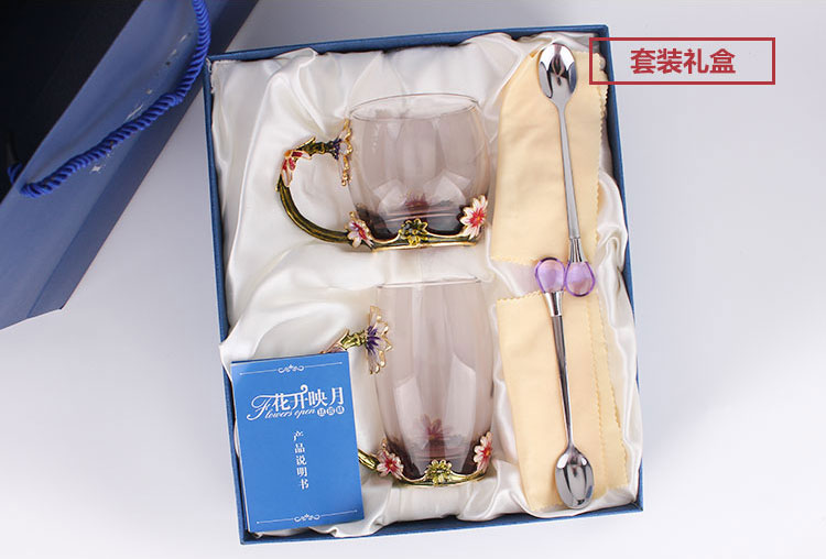 創(chuàng)意琺瑯彩玻璃水杯、情侶茶杯、花茶杯情人節(jié)禮物（對(duì)杯）