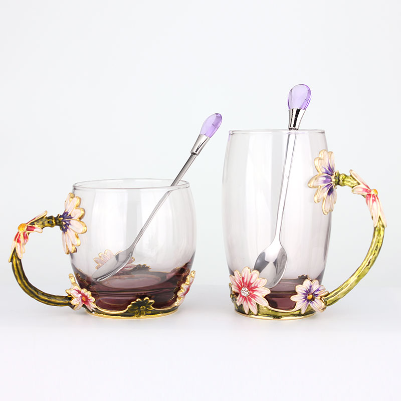 創(chuàng)意琺瑯彩玻璃水杯、情侶茶杯、花茶杯情人節(jié)禮物（對(duì)杯）