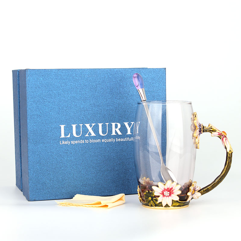 創(chuàng)意琺瑯彩玻璃水杯、情侶茶杯、花茶杯情人節(jié)禮物（對(duì)杯）