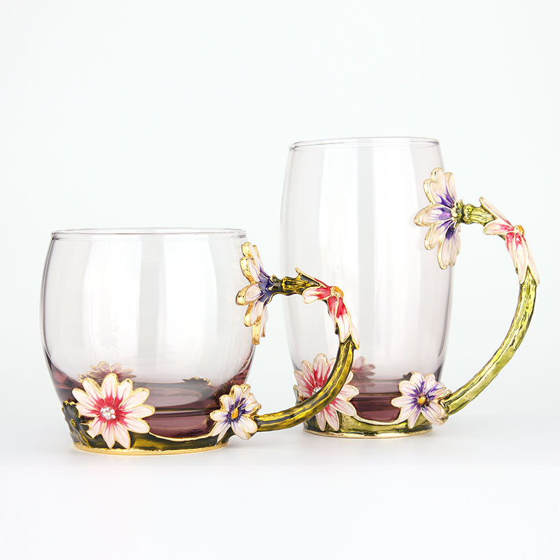 創(chuàng)意琺瑯彩玻璃水杯、情侶茶杯、花茶杯情人節(jié)禮物（對(duì)杯）