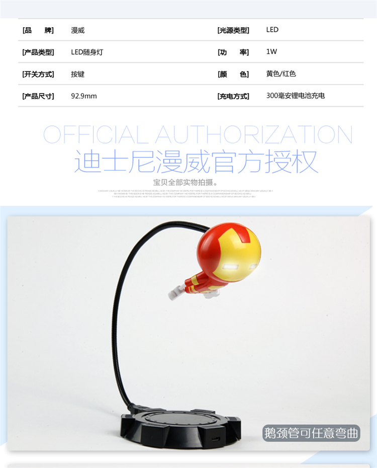 迪士尼正版漫威卡通鋼鐵俠公仔節能充電led臺燈夜燈便攜閱讀燈 上海禮物