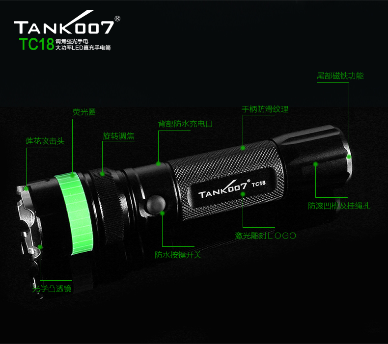 Tank007騎行強光手電筒TC18遠射五檔調焦充電迷你防身自行車探照燈戶外家用手電
