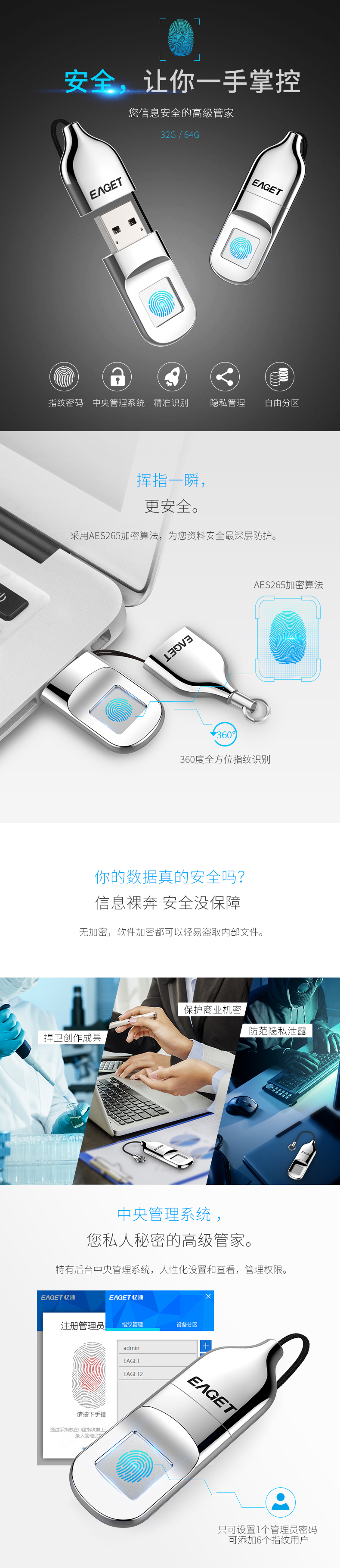 憶捷（EAGET）FU5指紋加密U盤64G數據安全保護