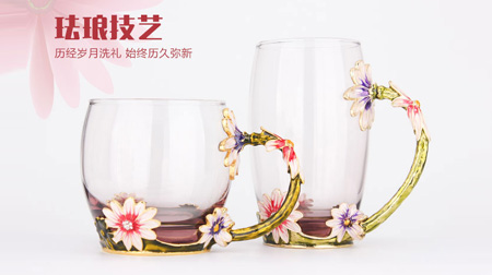 創意琺瑯彩玻璃水杯、情侶茶杯、花茶杯情人節禮物（對杯）
